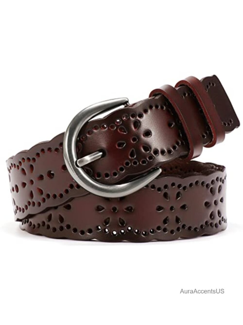 Women Plus Size Leather Belt Hollow Flower Design Solid Pin Buckle 1.5 Inch